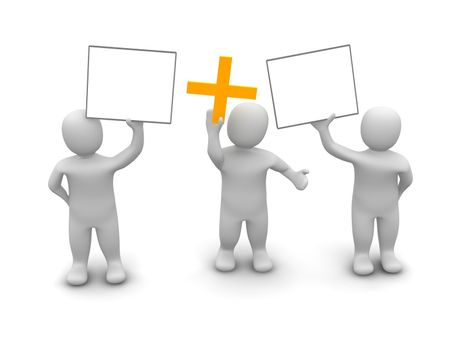 Three men holding up two signs and plus symbol. 3d rendered illustration.