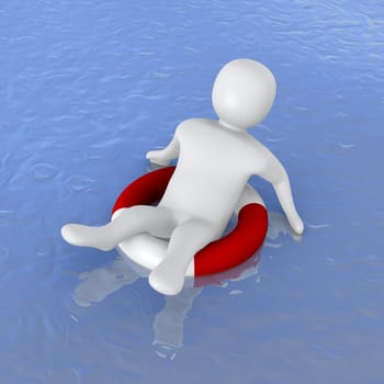 Man with life ring in ocean. 3d rendered illustration.