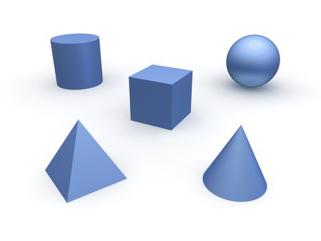 3d basic objects. Sphere, cube, cone, cylinder and pyramid.