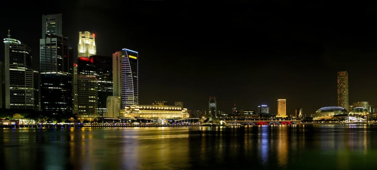 Singapore City Skyline by the River at Night Panorama
