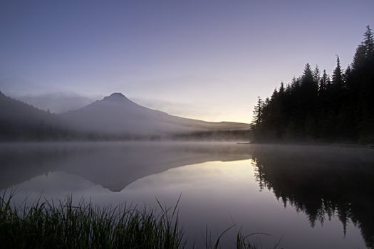 Sunrise Morning Fog at Trillium Lake and Mount Hood