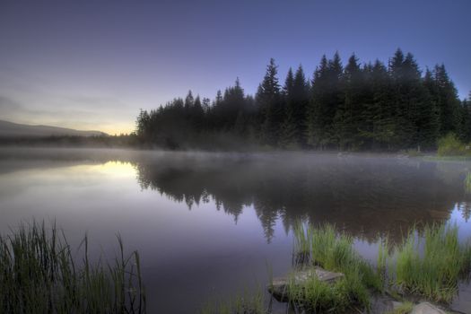 Sunrise Morning Fog at Trillium Lake with Reflection