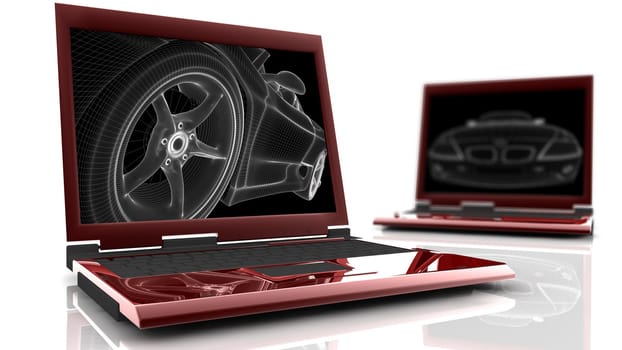 Two red laptop with a wireframe car on the monitor