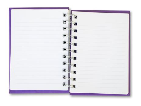 Purple cover of open white note book 