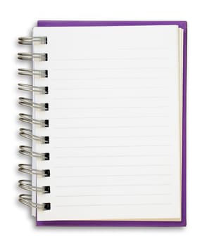 Purple cover of open white note book 