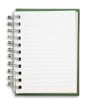 Green cover of open white note book 