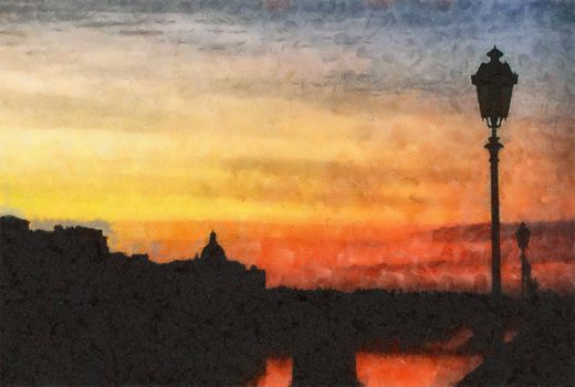 A watercolor on canvas of a city sunset