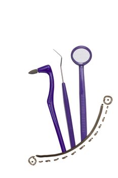 Purple dental tools in a drawn pocket.