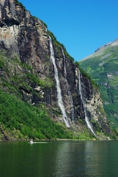 Mountain river with waterfalls in Norway, Geiranger