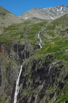 Mountain river with waterfalls in Norway, Geiranger