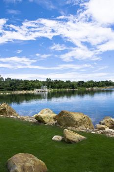 Blue sky over mountain lake at day