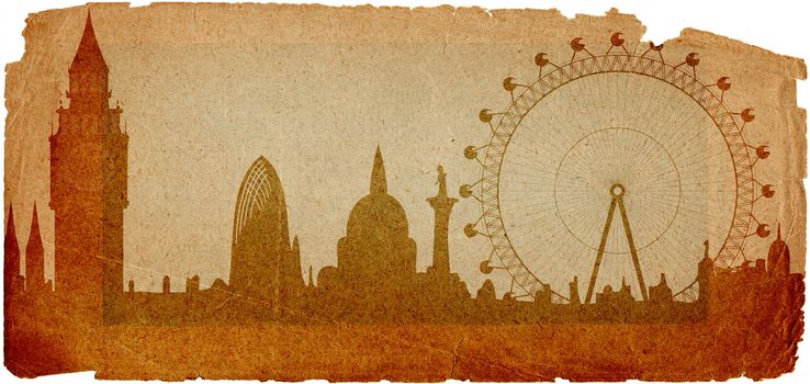 Image of the panorama of London - Big Ben, London Eye - in grunge style