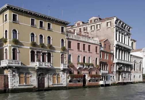 Venice, Italy - Typical Old Building Water Front Facade And Canal