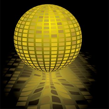 Illustration of a gold disco ball with a reflection in black