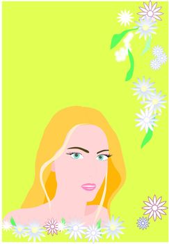 Portrait of the young fair-haired girl on 
a light green background with spring colors

