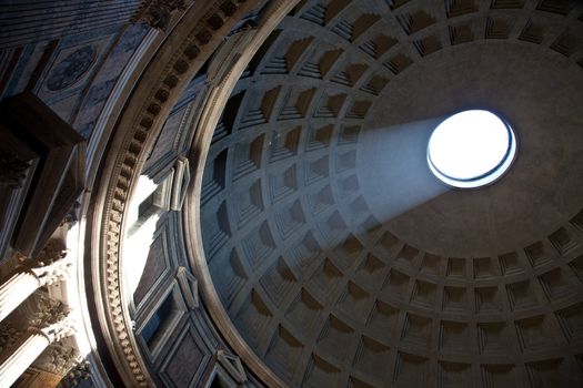 Interior of Rome Pantheon with the famous ray of light from the top