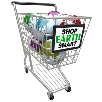 A shopping cart filled with planets, with a sign reading Shop Earth Smart
