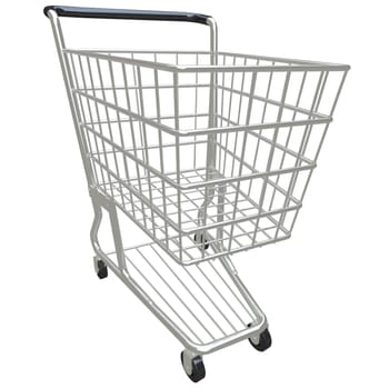 A shiny metal shopping cart on a white background