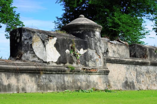Old white wall with blue sky and green grass