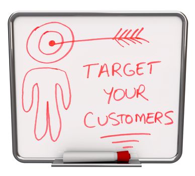 A white dry erase board with red marker, with the words Target Your Customers