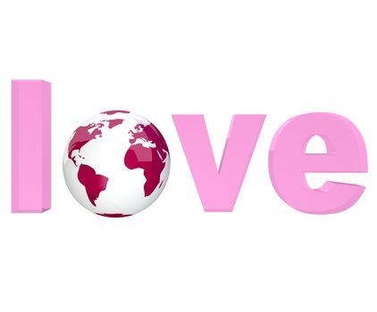 The word Love in pink letters with Earth globe in place of o