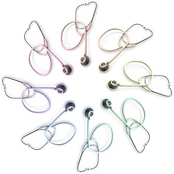 A circular display of stethoscopes of a rainbow of colors