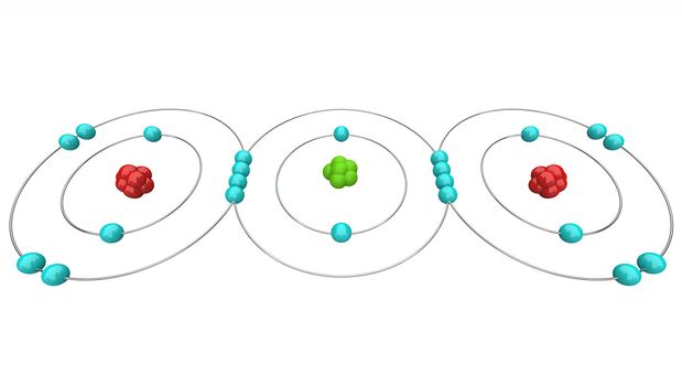 An atomic diagram of carbon dioxide, or CO2, showing its protons, neutrons and electrons including the carbon and oxygen atoms