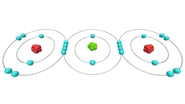 An atomic diagram of carbon dioxide, or CO2, showing its protons, neutrons and electrons including the carbon and oxygen atoms