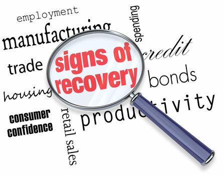 A magnifying glass hovering over several words like manufacturing and employment, searching for signs of economic recovery