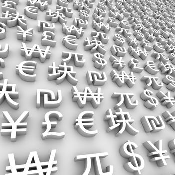 A series of global currency symbols on grey background