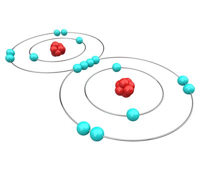 Atomic diagram of Oxygen,  or O2, showing the protons, neutrons and electrons