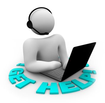 A customer support person with headset and laptop surrounded by the words Get Help