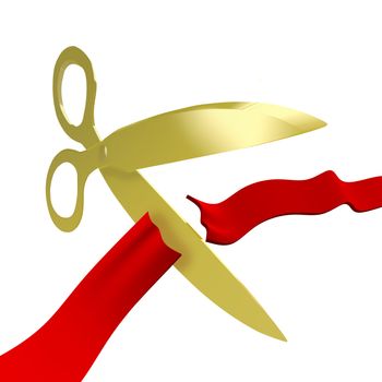 A pair of golden scissors cuts a ceremonial red ribbon for a grand opening