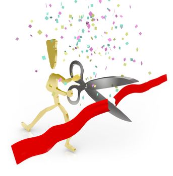 A gold person cuts the red ribbon with scissors for a grand celebration