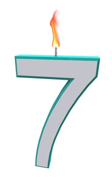 A blue and white number 7 candle with fire on wick
