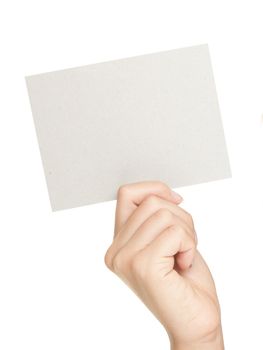 Hand showing sign. Woman hand showing blank gift card sign with empty copy space. Isolated on white background.