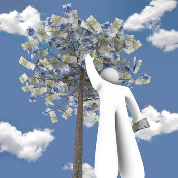 A person stands below a money tree picking euros from it