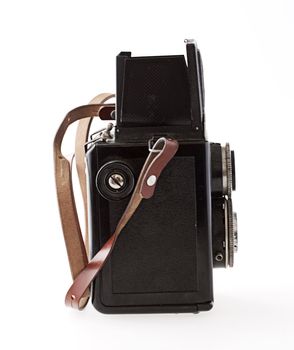Wonderful old black camera with leather belt