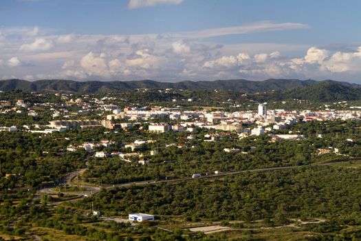 Wide landscape view of the small city S.Bras de Alportel located on the Algarve, Portugal.