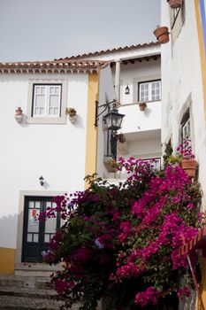 Typical street view of the ancient Obidos village located on Portugal.