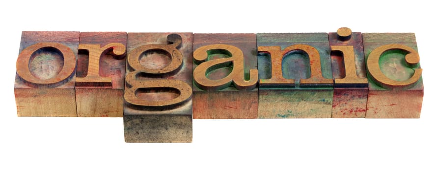 organic word - vintage wooden letterpress printing blocks stained by color inks