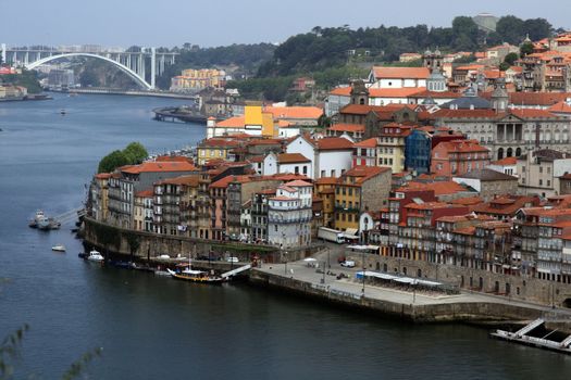 Wide view of the old downtown area of the city of Porto, Portugal.