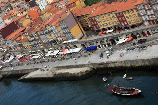 Wide view of the old downtown area of the city of Porto, Portugal.