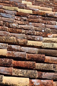 Background of some old roof tiles of a house, worn out by weather. 