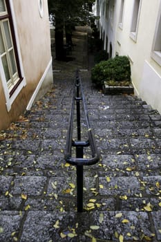 View of some stairs leading to a park area on a town.