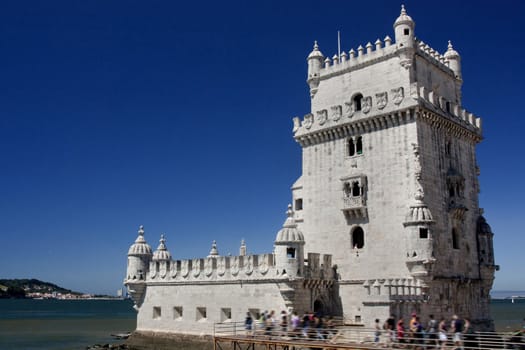 View of the Tower of Belem, monument located near river Tejo on Lisbon, Portugal.