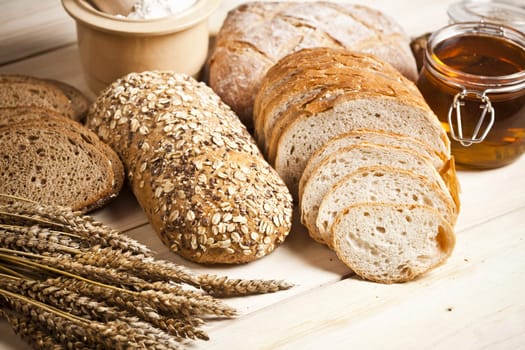 Still-life assortment of baked bread.