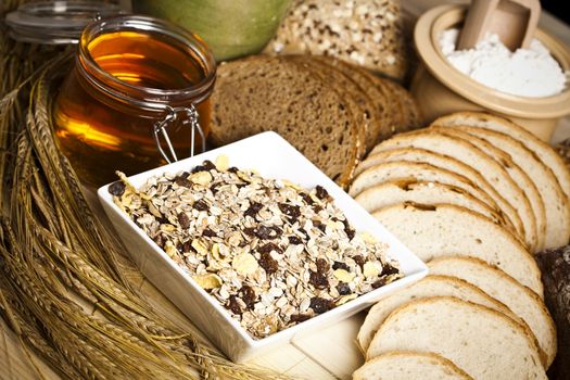 Still-life assortment of baked bread.