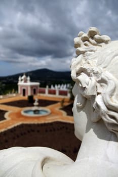 View of the park and fore part of the Palace of Estoi village located on the Algarve, Portugal.