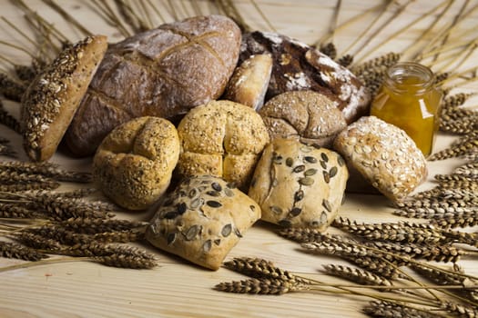 Still-life assortment of baked bread.